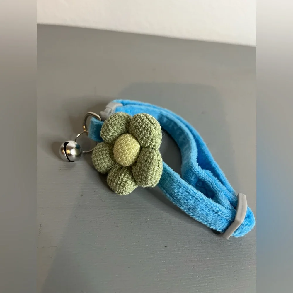 Sky Blue Flower Cat Collar w/ Bell | Soft Velvet Adjustable Breakaway Kitten